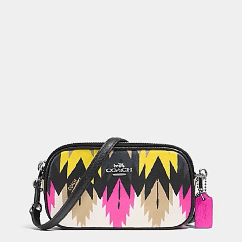 coach hawk feathers leather crossbody double zipper pink black coachella